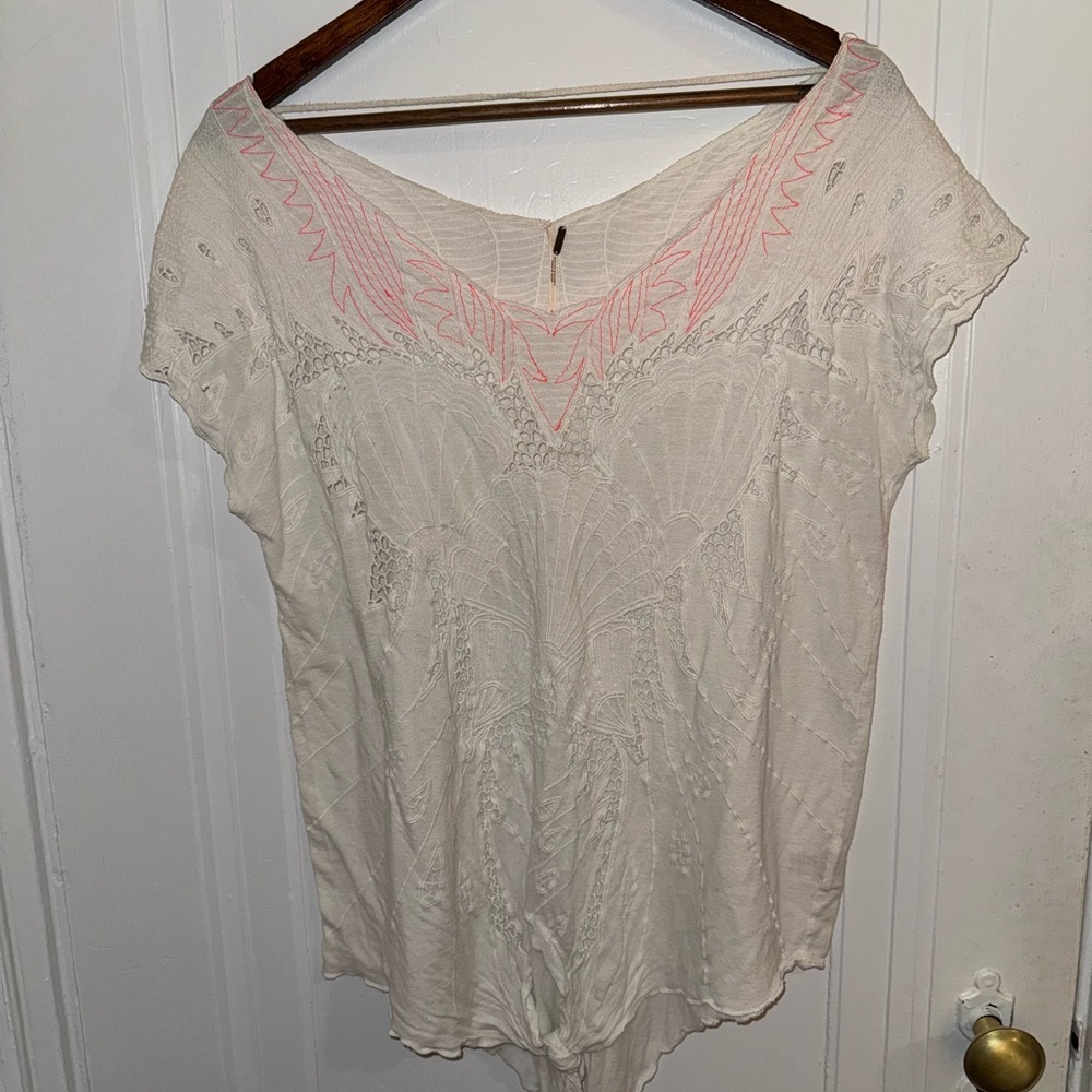 NWOT - Free People Cream Cap Sleeve Blouse with Lace Details & Pink Stitching